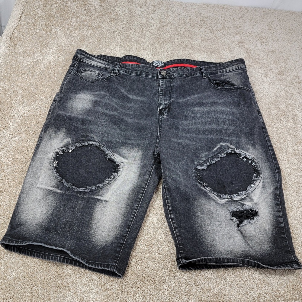Rock Salt Distressed Denim Shorts Ripped Black Wash Knee Length Mens Size 50